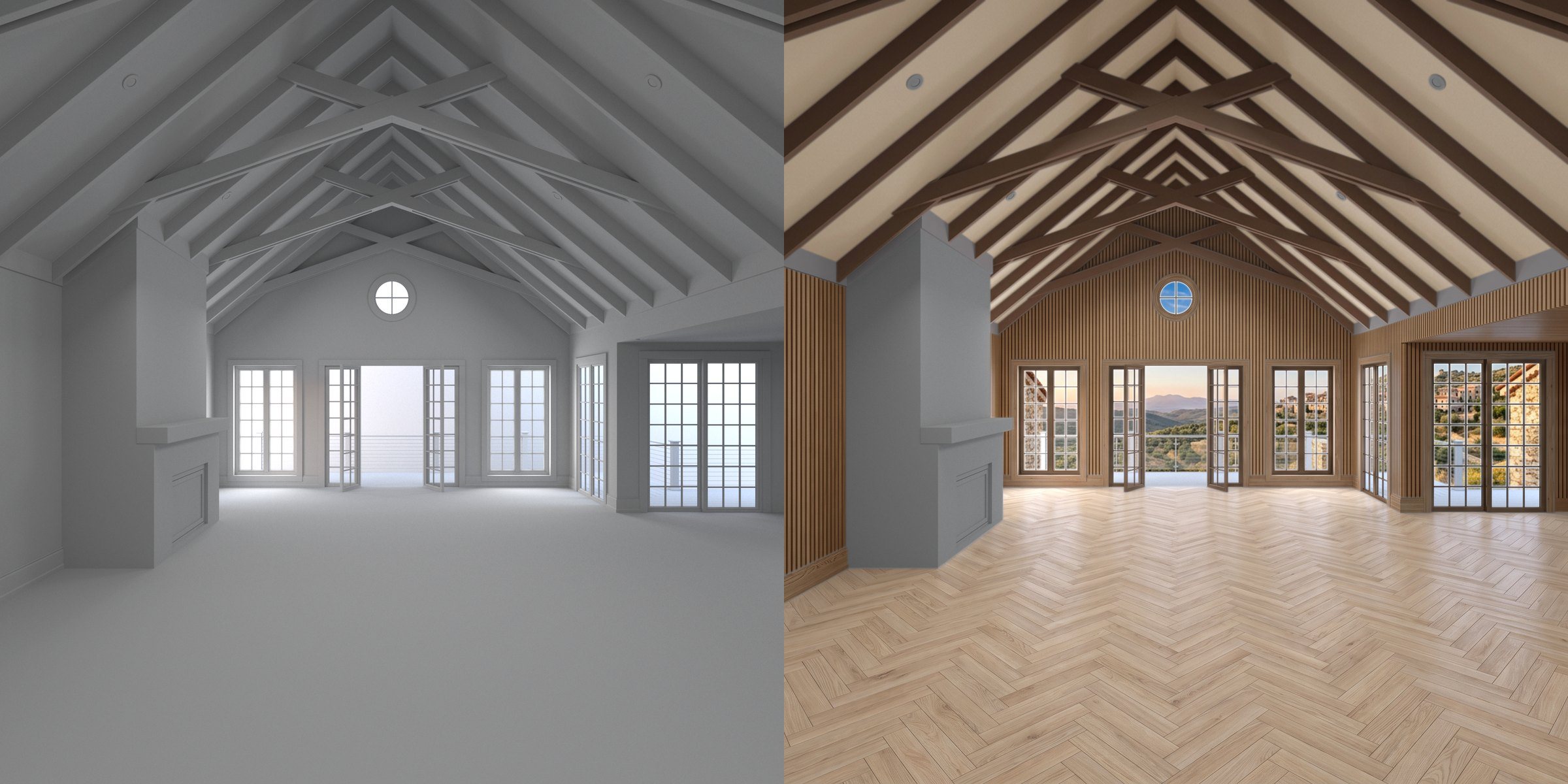 Before: the neutral clay render. After: one AI-generated look